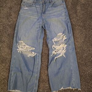 American Eagle Outfitters Low Rise Wide Leg Classic Distressed Blue Denim